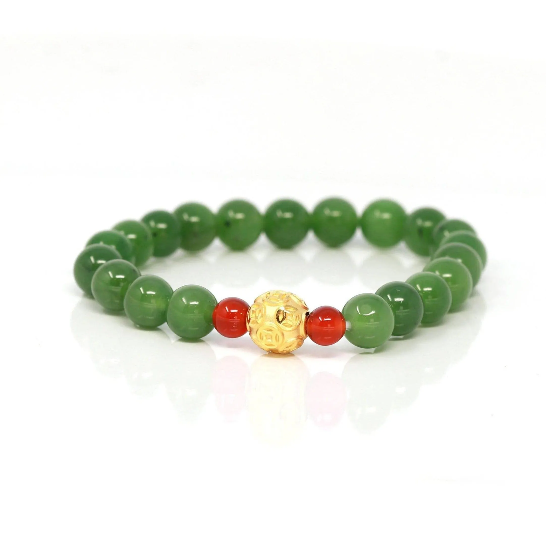 24K Pure Yellow Gold Money Bead With Genuine Green Jade Round Beads Bracelet Bangle ( 8 mm )