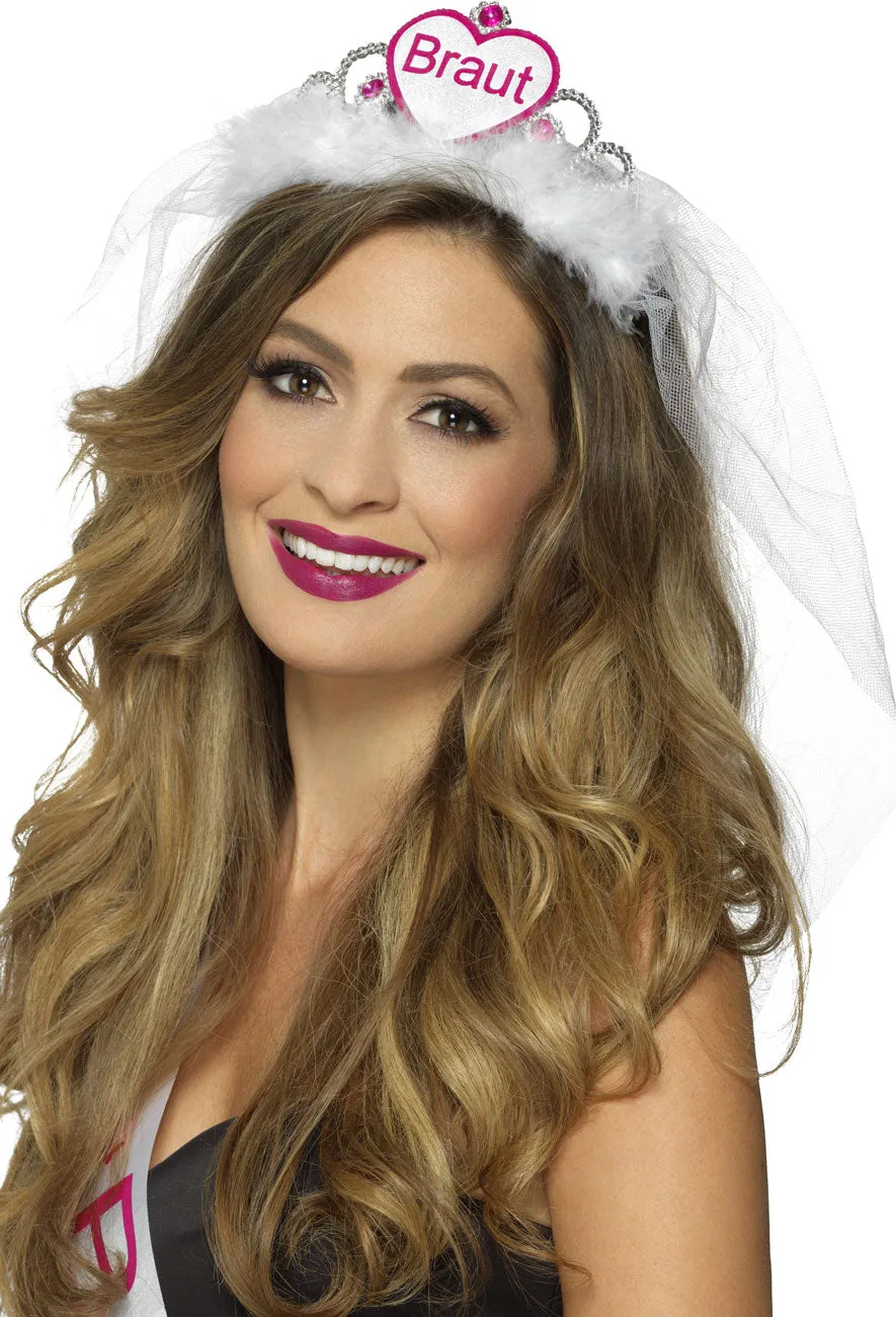 Braut Diadem mit Schleier weiß-pink
