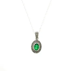 Emerald crystal silver Marcasite oval pendant