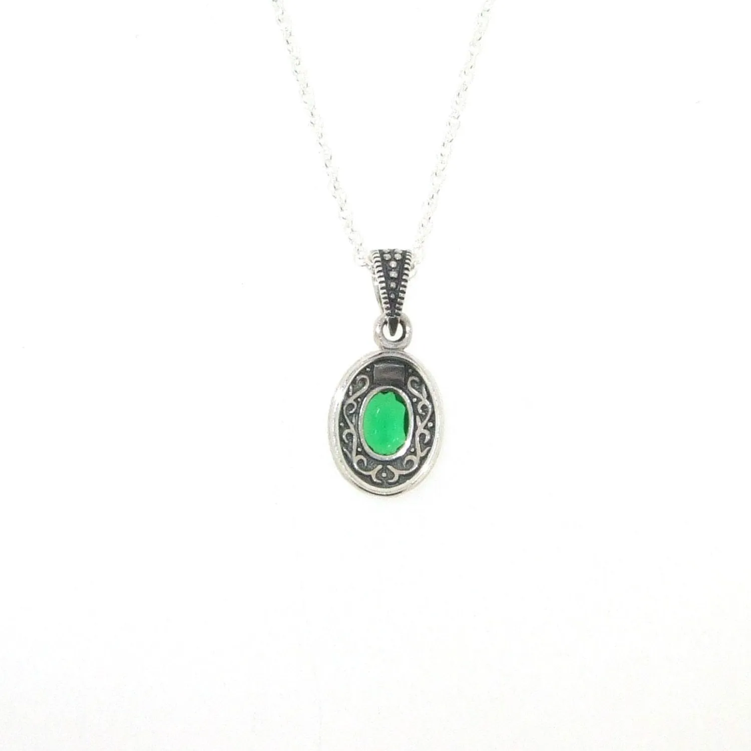 Emerald crystal silver Marcasite oval pendant