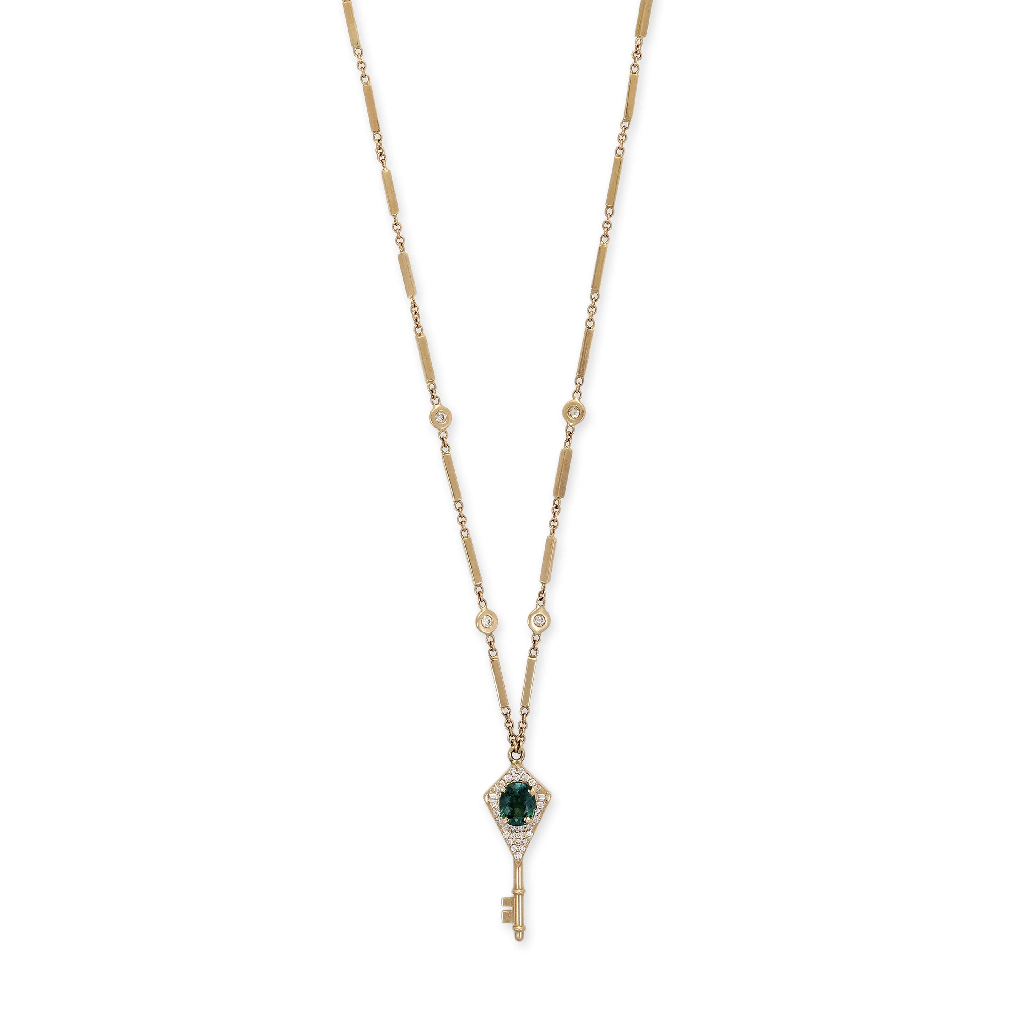 PAVE   BAGUETTE DIAMOND GEMSTONE KEY SMOOTH BAR NECKLACE